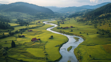 A scenic view of a green valley with a winding river, surrounded by rolling hills and dotted with small cottages.の素材