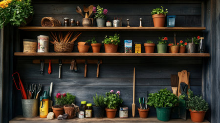 A shelf in a garden shed holding various gardening tools, seed packets, and small potted plants, ready for spring planting.の素材