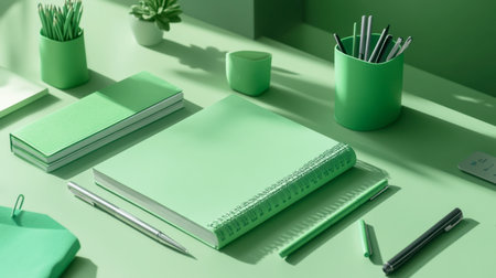 A set of green notebooks, pens, and office supplies neatly organized on a green desk in a modern workspace.の素材