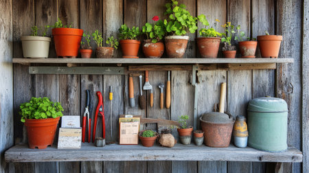 A shelf in a garden shed holding various gardening tools, seed packets, and small potted plants, ready for spring planting.の素材
