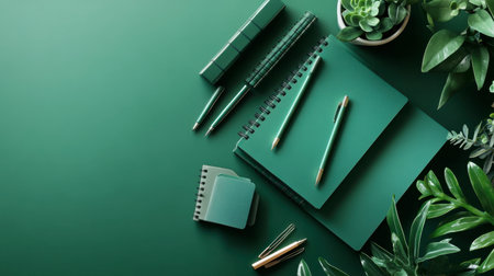 A set of green notebooks, pens, and office supplies neatly organized on a green desk in a modern workspace.の素材