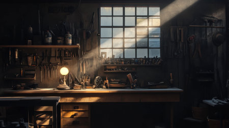 A single light bulb illuminating a dark workshop, casting intricate shadows across tools and workbenches.の素材