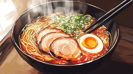 A steaming bowl of ramen with tender noodles, sliced pork, soft-boiled egg, and a sprinkle of scallions, served with chopsticks.の素材