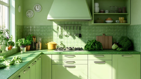 A stylish kitchen with green countertops, matching cabinets, and a variety of fresh green vegetables.の素材