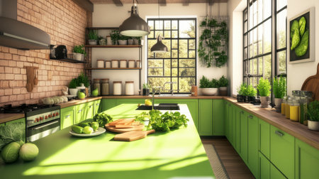 A stylish kitchen with green countertops, matching cabinets, and a variety of fresh green vegetables.の素材