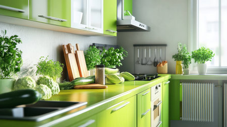A stylish kitchen with green countertops, matching cabinets, and a variety of fresh green vegetables.の素材