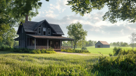 A traditional farmhouse with a large front porch, lush green fields, and a barn in the background.の素材