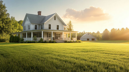A traditional farmhouse with a large front porch, lush green fields, and a barn in the background.の素材