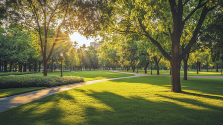 A vibrant green city park with manicured lawns, trees, and a walking path, providing a tranquil urban escape.の素材