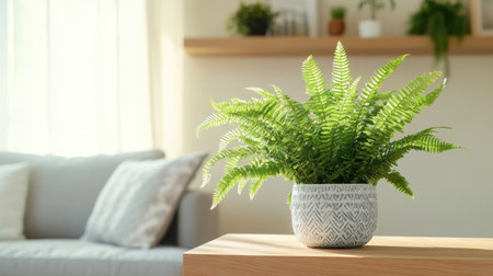 A vibrant green fern plant in a stylish pot, placed on a wooden shelf in a contemporary living room.の素材