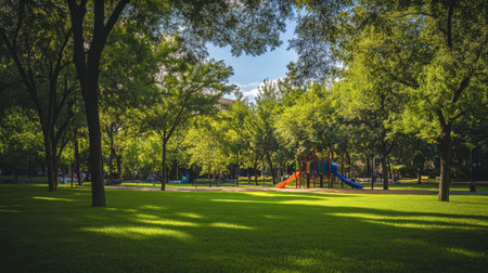 A vibrant green park with a well-manicured lawn, tall trees, and a playground area for children.の素材