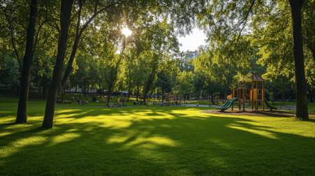 A vibrant green park with a well-manicured lawn, tall trees, and a playground area for children.の素材