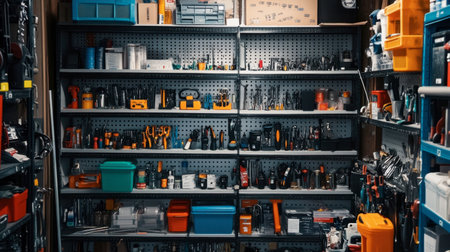 A workshop shelf filled with neatly organized tools, screws, and small parts, all labeled and easy to find.の素材