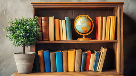 A wooden bookshelf filled with colorful hardcover books, a small potted plant, and a decorative globe, creating a cozy reading nook.の素材