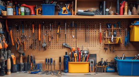 A workshop shelf filled with neatly organized tools, screws, and small parts, all labeled and easy to find.の素材