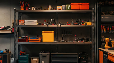 An industrial-style metal shelf in a garage, holding tools, boxes, and various hardware, showing an organized workspace.の素材