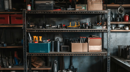 An industrial-style metal shelf in a garage, holding tools, boxes, and various hardware, showing an organized workspace.の素材
