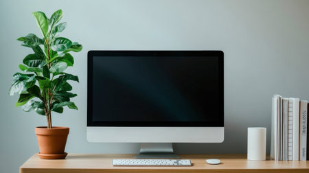 A minimalist desk with a computer monitor, a keyboard, and a potted plant, creating a clean, productive workspace.の素材
