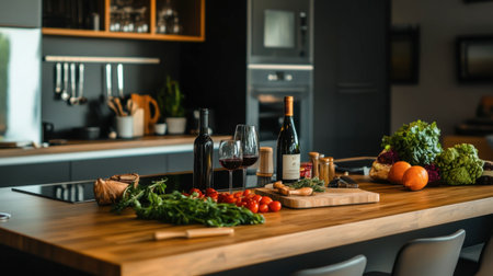 A modern kitchen island with bar stools, neatly arranged with fresh ingredients, a cutting board, and a glass of wine.の素材