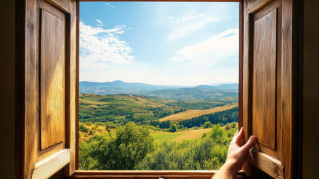 A hand reaching out to open a vintage wooden window, revealing a beautiful countryside view with rolling hills and a clear blue sky.の素材