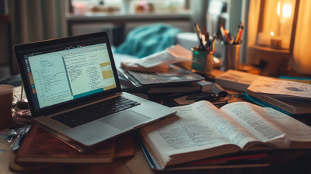 A messy study table with open textbooks, a laptop, and handwritten notes, depicting the life of a busy student.の素材