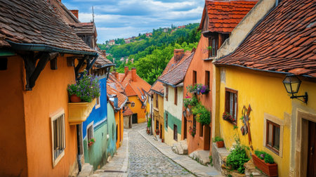 A row of colorful rooftops in a European village, with cobblestone streets and historic buildings.の素材