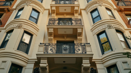 A classic apartment building with ornate balconies, decorative trim, and a well-maintained entrance area.の素材