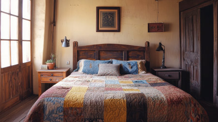 A bed with a handmade quilt, rustic wooden headboard, and vintage nightstands, creating a warm, inviting space.の素材