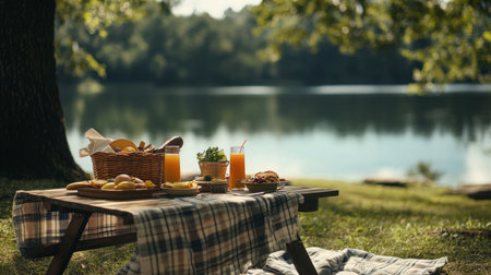 An outdoor picnic table by a lake, with a basket of food, drinks, and a blanket, capturing a peaceful, scenic lunch setting.の素材