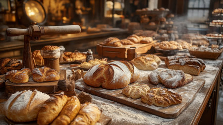 A table in a bakery, filled with freshly baked bread, pastries, and cakes, with a flour-dusted rolling pin in the background.の素材