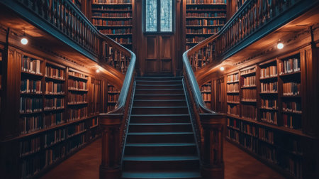 A winding staircase in an old library, with rows of bookshelves on either side and soft, warm lighting.の素材