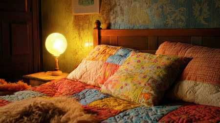 A bed with a colorful patchwork quilt, fluffy pillows, and a bedside lamp casting a warm glow.の素材