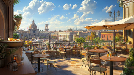 A rooftop cafÃÂ© with small tables and umbrellas, overlooking a bustling city square during the afternoon.の素材