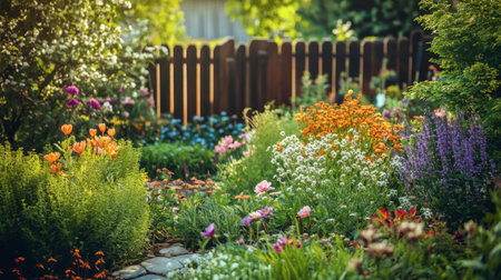 A colorful garden with various shades of green, blooming plants, and a wooden fence in the background.の素材