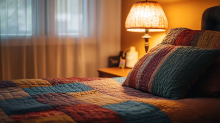 A bed with a colorful patchwork quilt, fluffy pillows, and a bedside lamp casting a warm, inviting glow.の素材