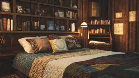 A bed with a soft quilt, decorative pillows, and a cozy reading nook nearby, perfect for a relaxing evening.の素材