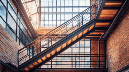 An industrial-style metal staircase in a modern office building, with exposed brick walls and large windows.の素材