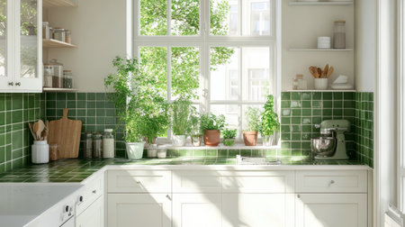A bright and airy kitchen with green tiles, white cabinetry, and fresh herbs growing on the windowsill.の素材