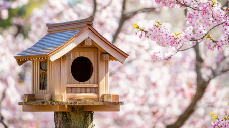 A traditional Japanese pagoda roof with curved eaves, set against a backdrop of cherry blossoms in full bloom.の素材