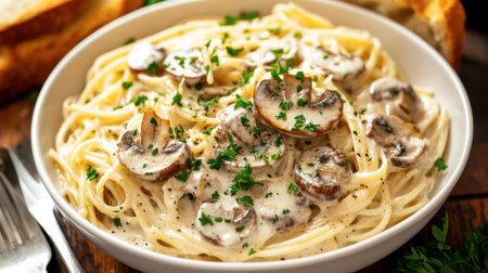 A bowl of creamy pasta with Alfredo sauce, sauted mushrooms, and parsley, served with a side of garlic bread.の素材