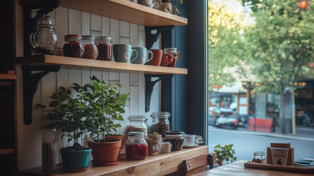 A corner shelf in a cozy displaying coffee mugs, small potted plants, and jars of homemade jam.の素材