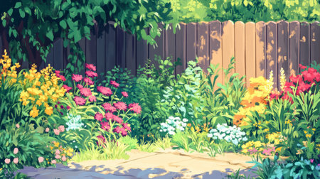 A colorful garden with various shades of green, blooming plants, and a wooden fence in the background.の素材