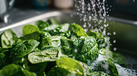 A close-up of green spinach leaves being gently washed under running water in a kitchen sink.の素材