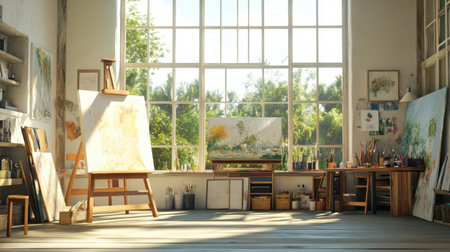 A creative studio with an easel, paints, and canvases, filled with natural light from large windows.の素材