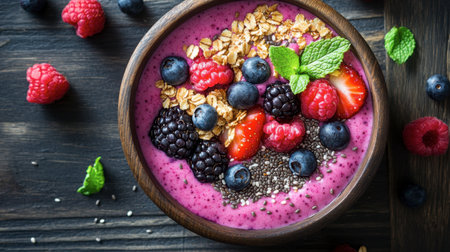 A colorful smoothie bowl topped with fresh berries, granola, chia seeds, and a drizzle of honey, garnished with mint leaves.の素材