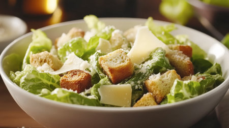 A classic Caesar salad with crisp romaine lettuce, croutons, Parmesan cheese, and a tangy Caesar dressing.の素材