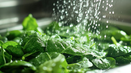 A close-up of green spinach leaves being gently washed under running water in a kitchen sink.の素材