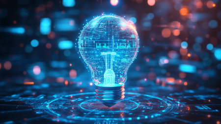 A futuristic light bulb design with smart technology, glowing in a cool blue hue, surrounded by holographic data displays.の素材