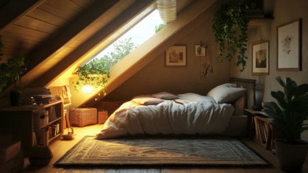 A cozy attic bedroom with a small bed, a skylight, and a soft rug, creating a warm, inviting space.の素材
