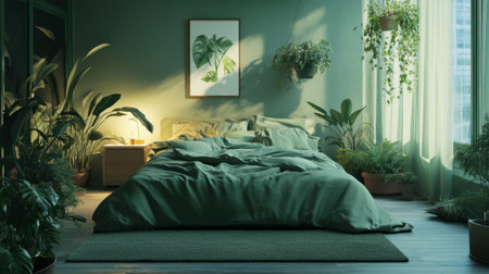 A cozy bedroom with green bedding, a green rug, and potted plants, creating a calm and restful environment.の素材